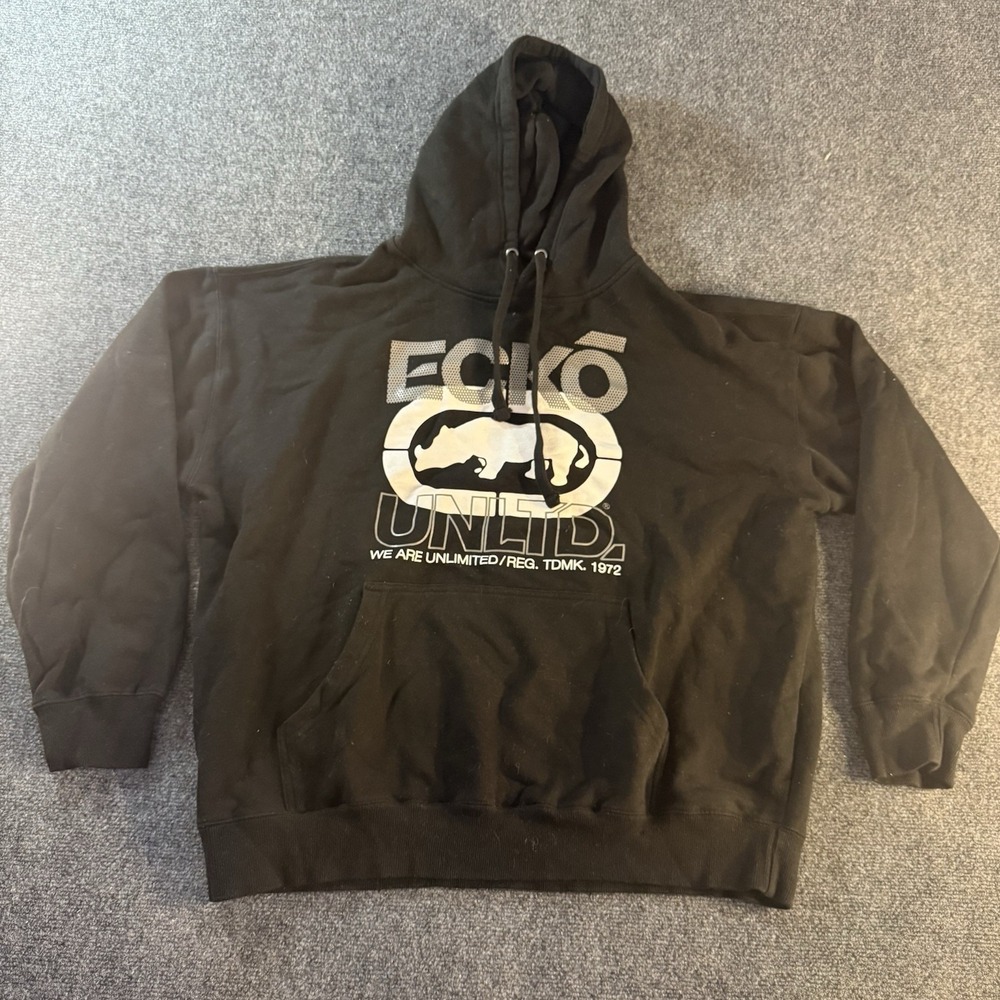 Ecko Unltd Hoodie Mens XXL Black Graphic Logo Pullover Streetwear Hip Hop Y2K